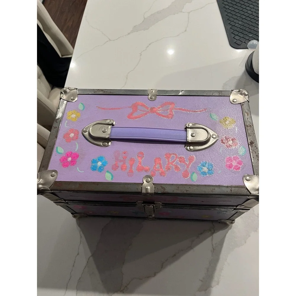 Vintage 90s purple Hand Painted Floral Storage Trunk Hilary Personalized Box